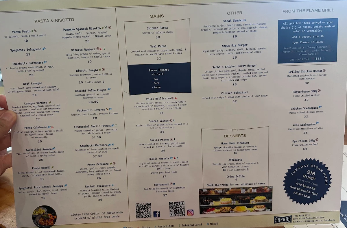 Menu, Sarba's
