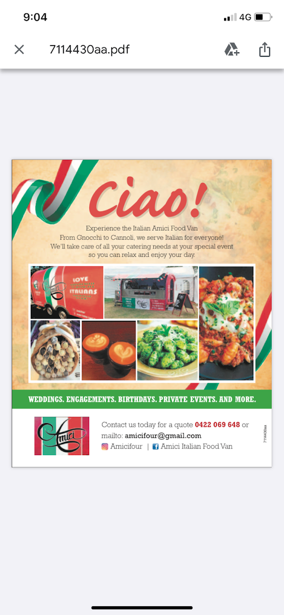 Menu, Amici Italian Food Van