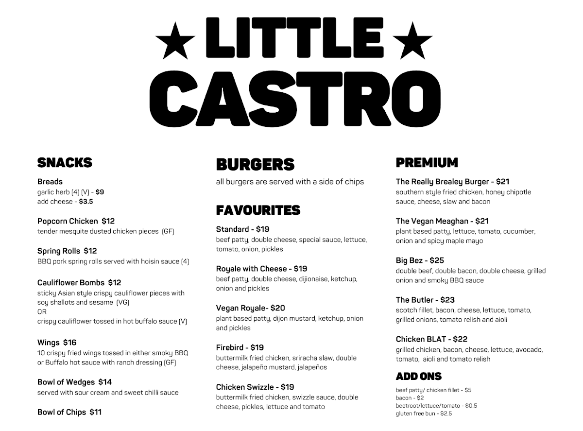 Menu, Little Castro