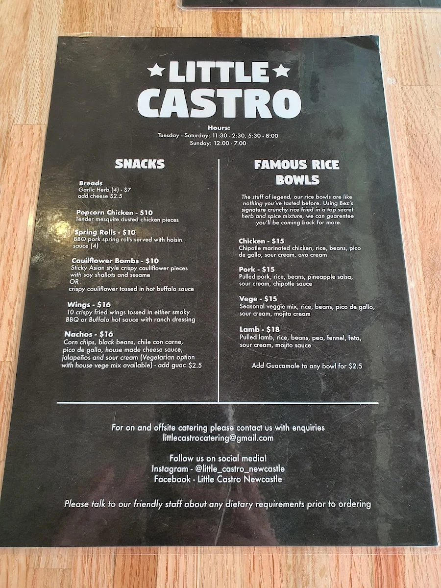 Menu, Little Castro