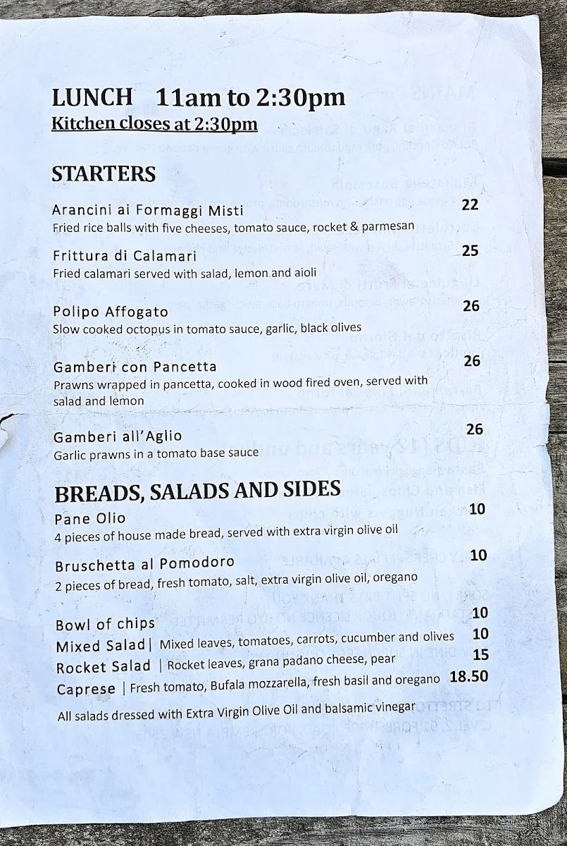Menu, Lo Stretto Cafe Restaurant
