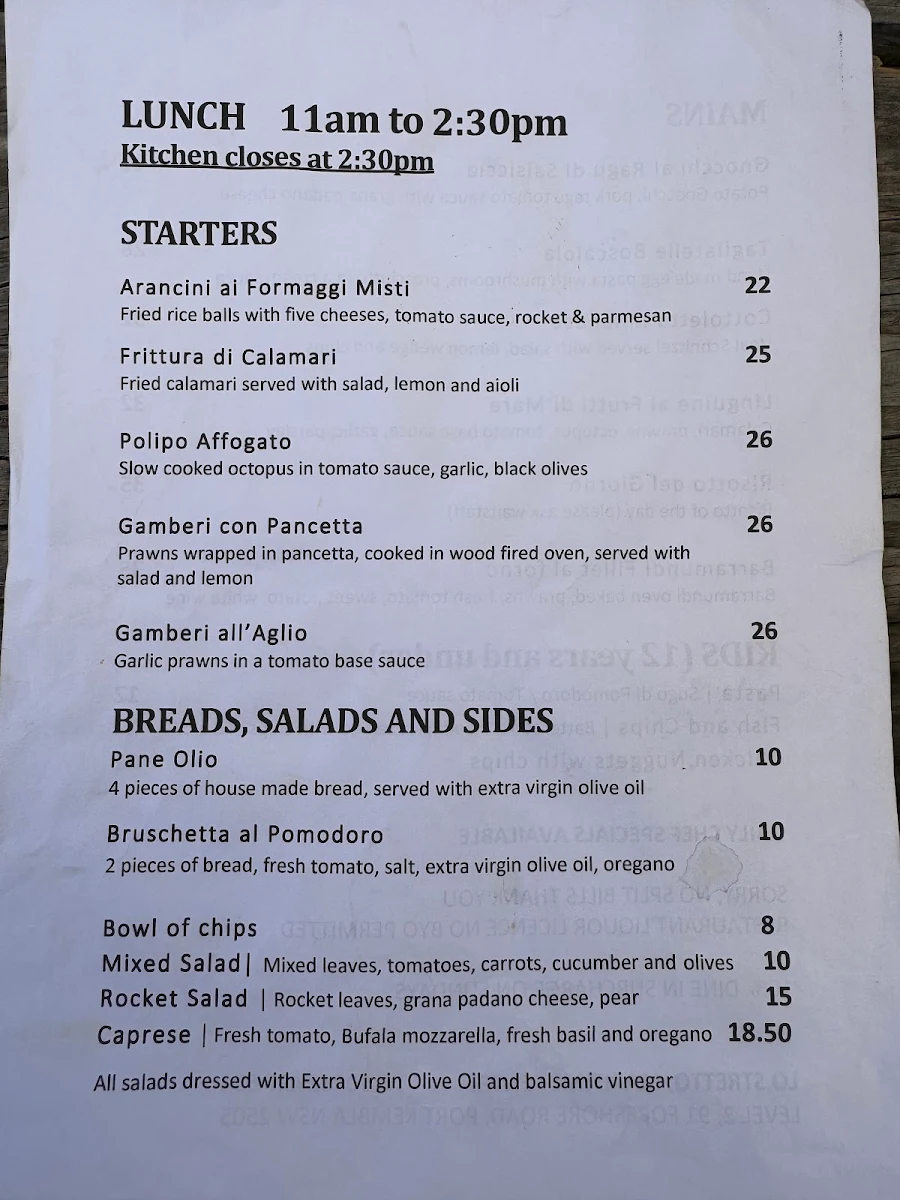 Menu, Lo Stretto Cafe Restaurant