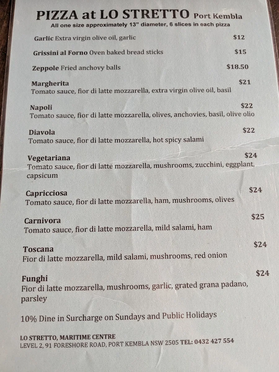 Menu, Lo Stretto Cafe Restaurant