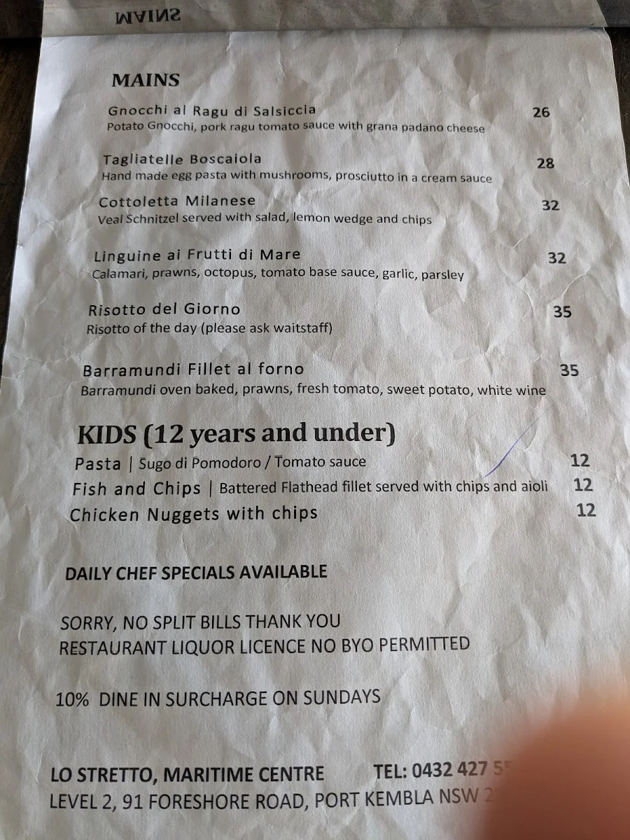 Menu, Lo Stretto Cafe Restaurant