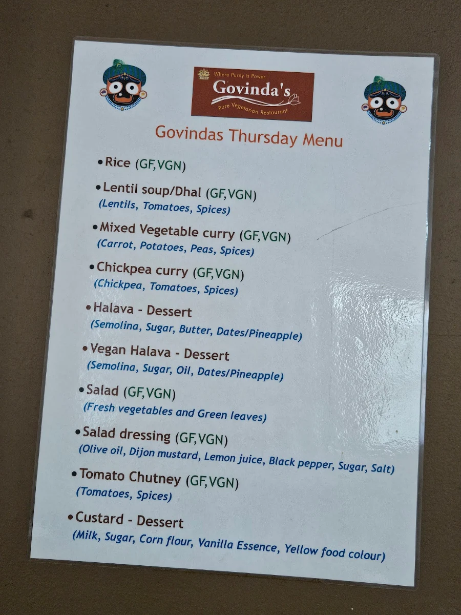 Menu, Govindas Adelaide