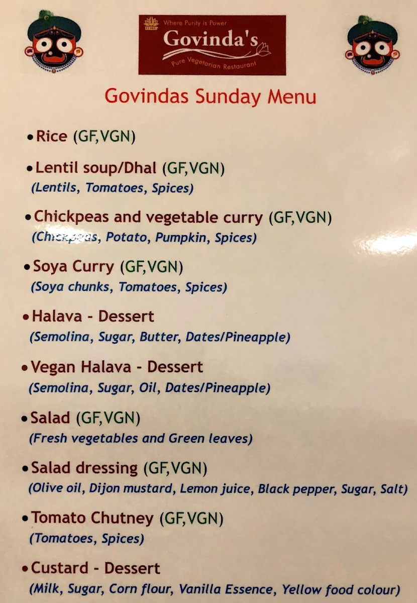 Menu, Govindas Adelaide