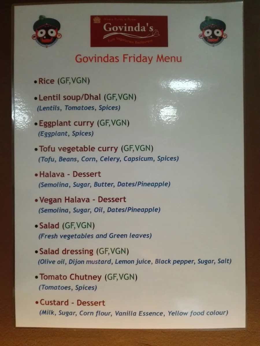 Menu, Govindas Adelaide