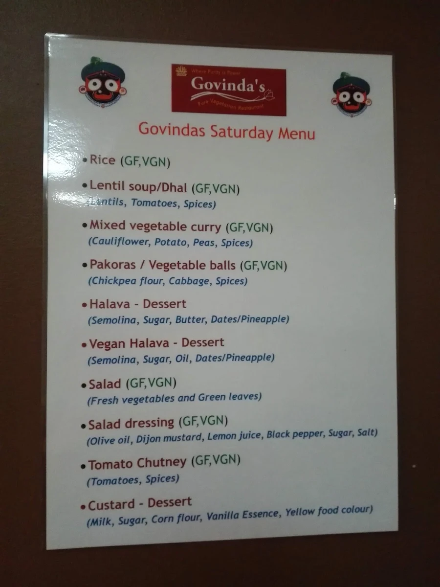 Menu, Govindas Adelaide