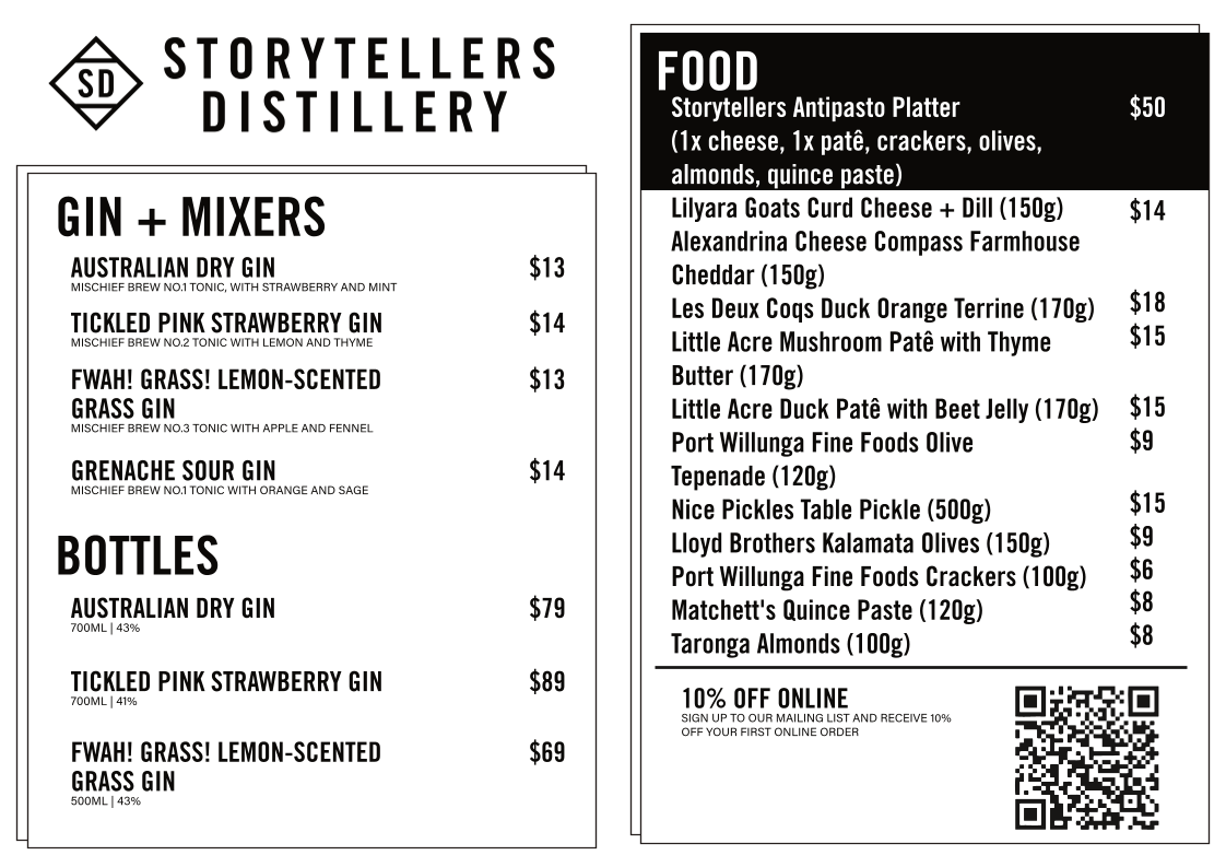 Menu, Storytellers Distillery in the Vale