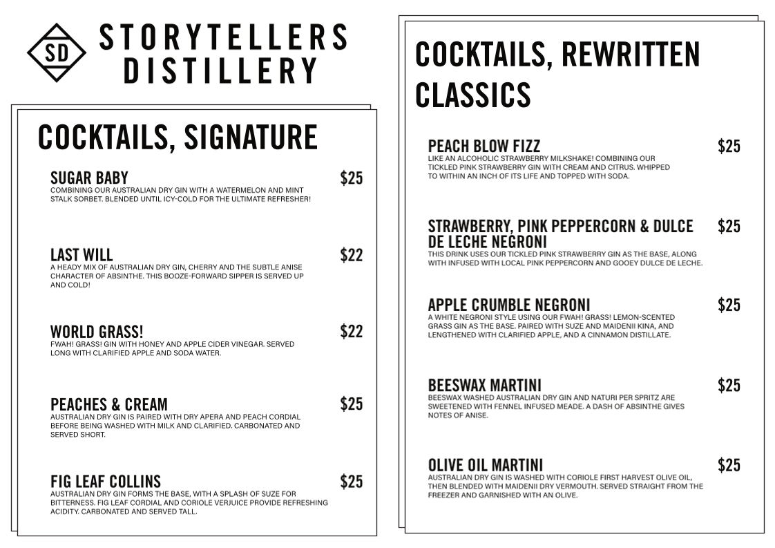 Menu, Storytellers Distillery in the Vale