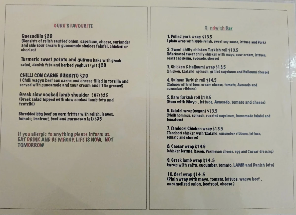 Menu, Guru's Cafeteria