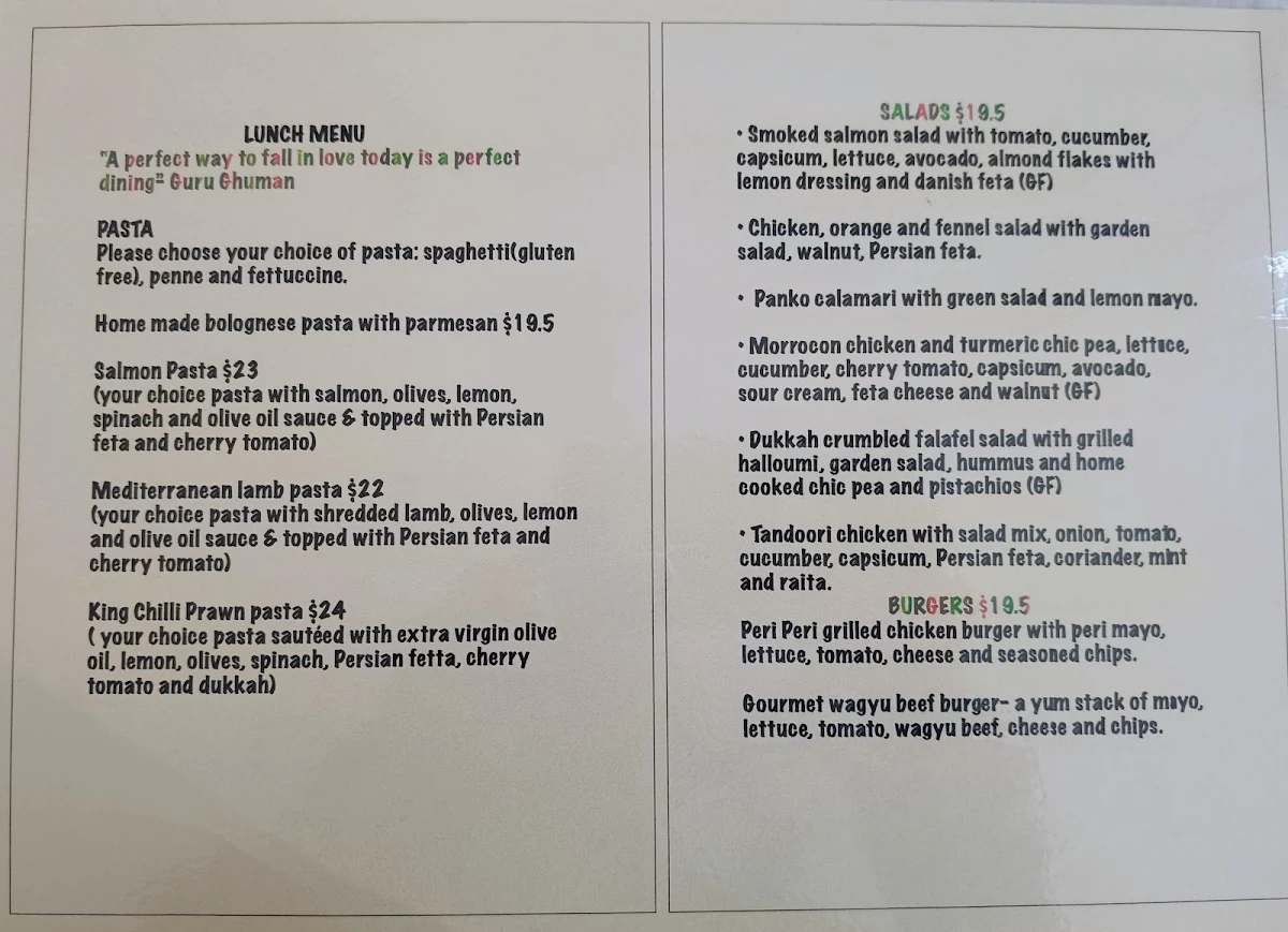 Menu, Guru's Cafeteria