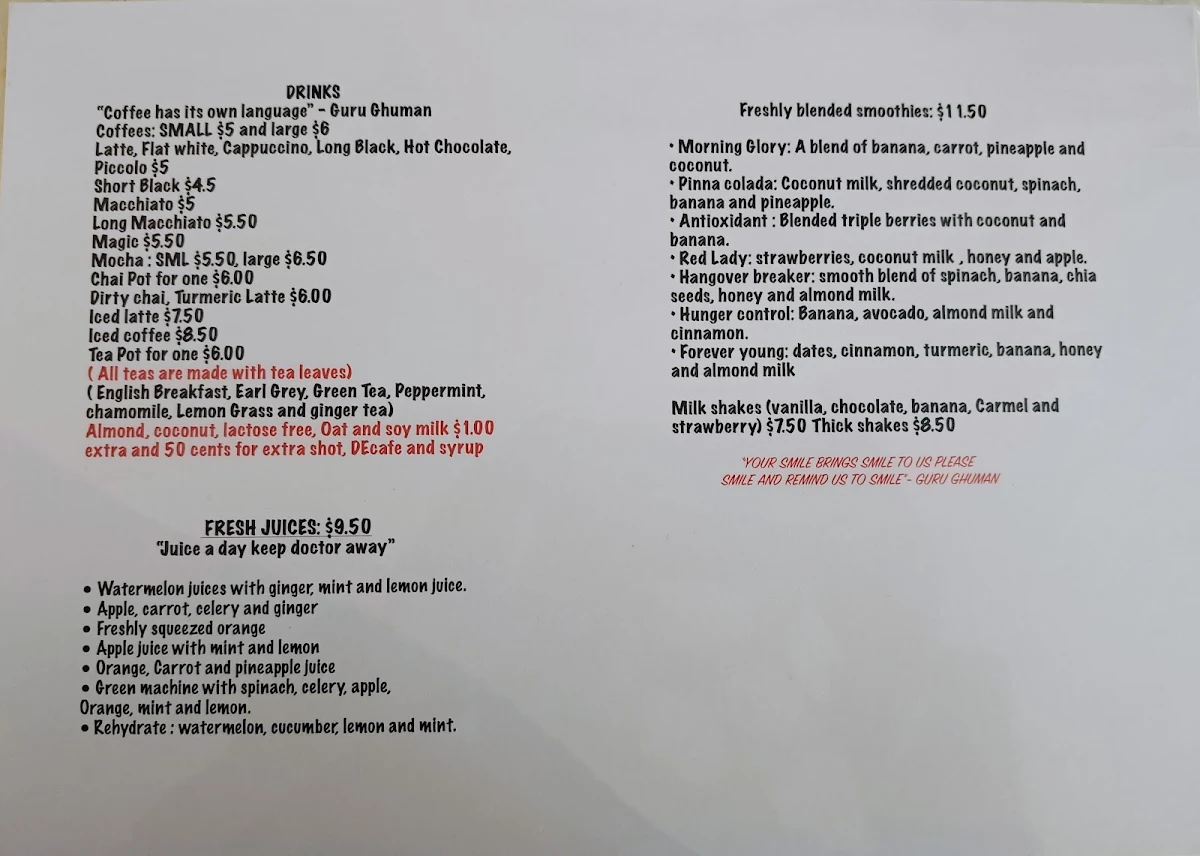 Menu, Guru's Cafeteria