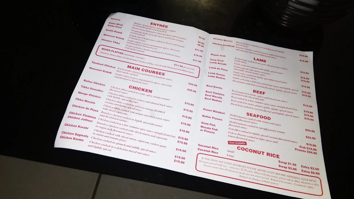 Menu, Masala Indian Cuisine - Northern Beaches
