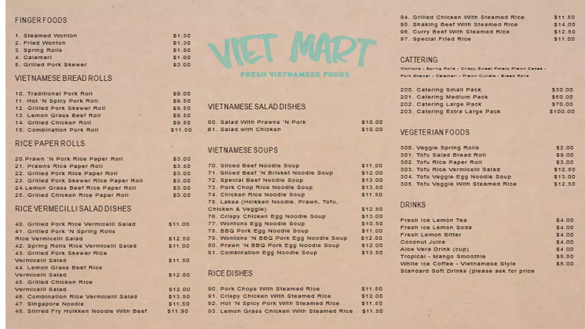 Menu, Viet Mart