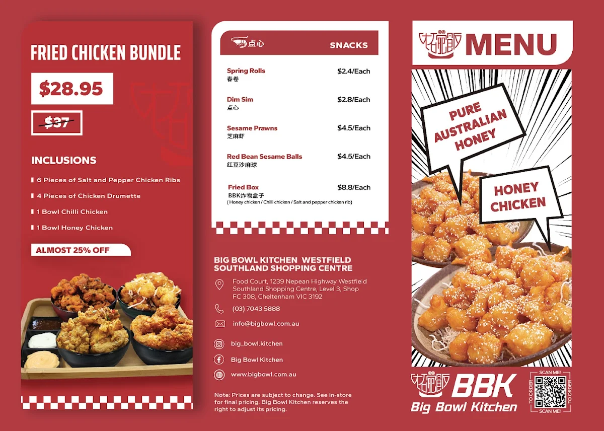 Menu, Big Bowl Kitchen Westfield Southland Shopping Centre