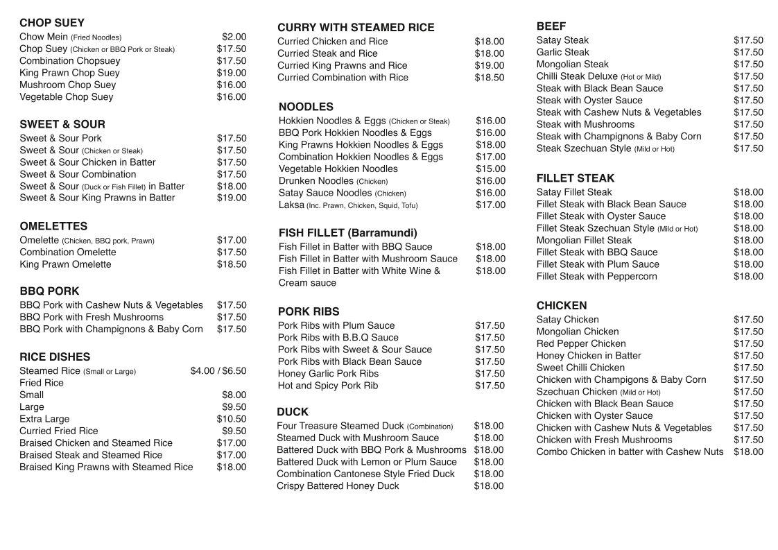 Menu, Mandarin Coin Restaurant