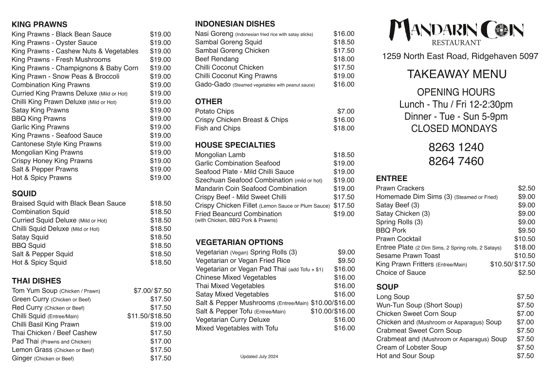 Menu, Mandarin Coin Restaurant