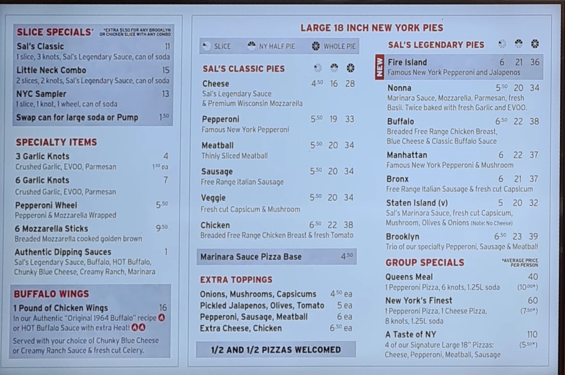 Menu, Sal's Authentic New York Pizza - Flinders Lane