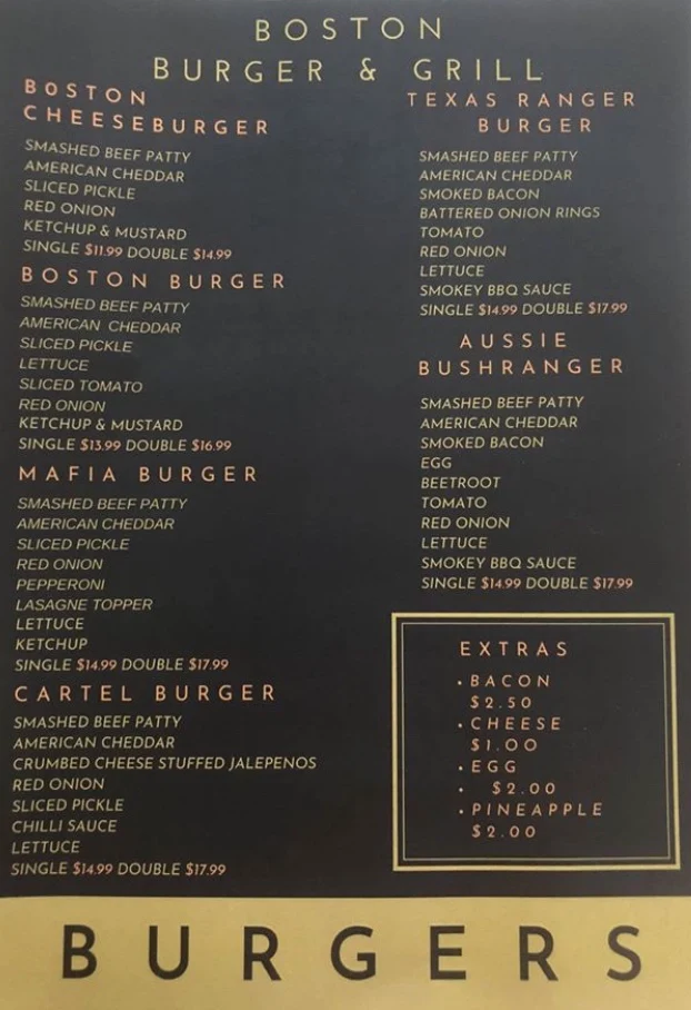 Menu, Boston Burger & Grill Waikiki