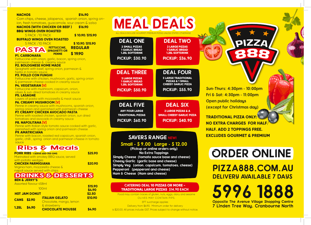 Menu, Pizza 888 Cranbourne North