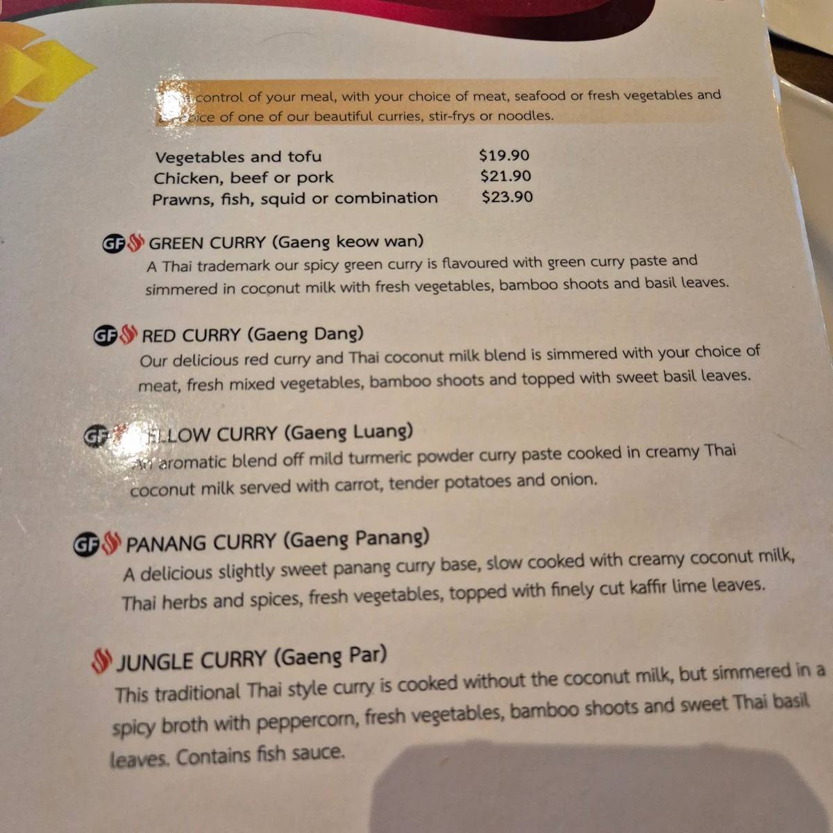 Menu, Lemongrass Thai Port Fairy