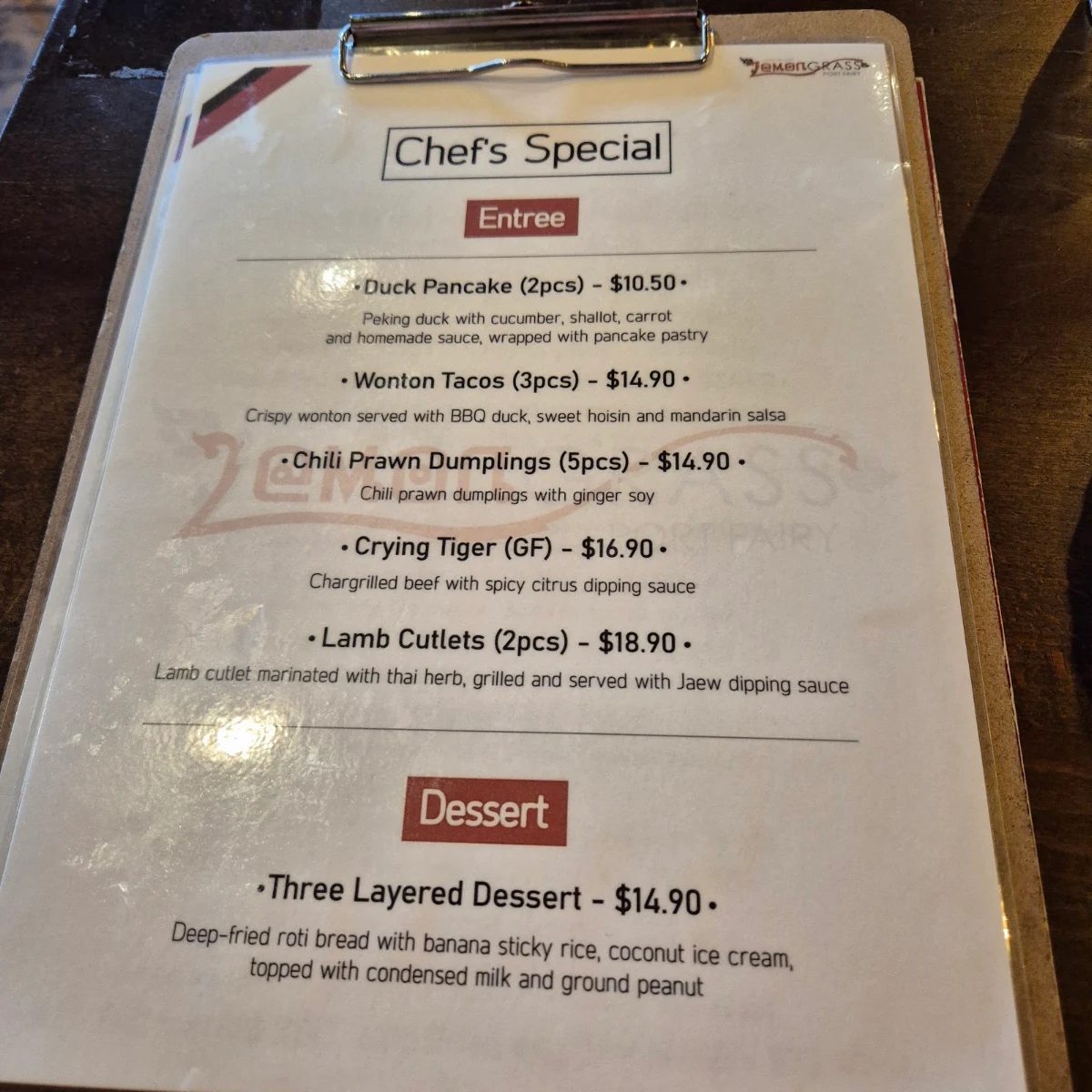 Menu, Lemongrass Thai Port Fairy