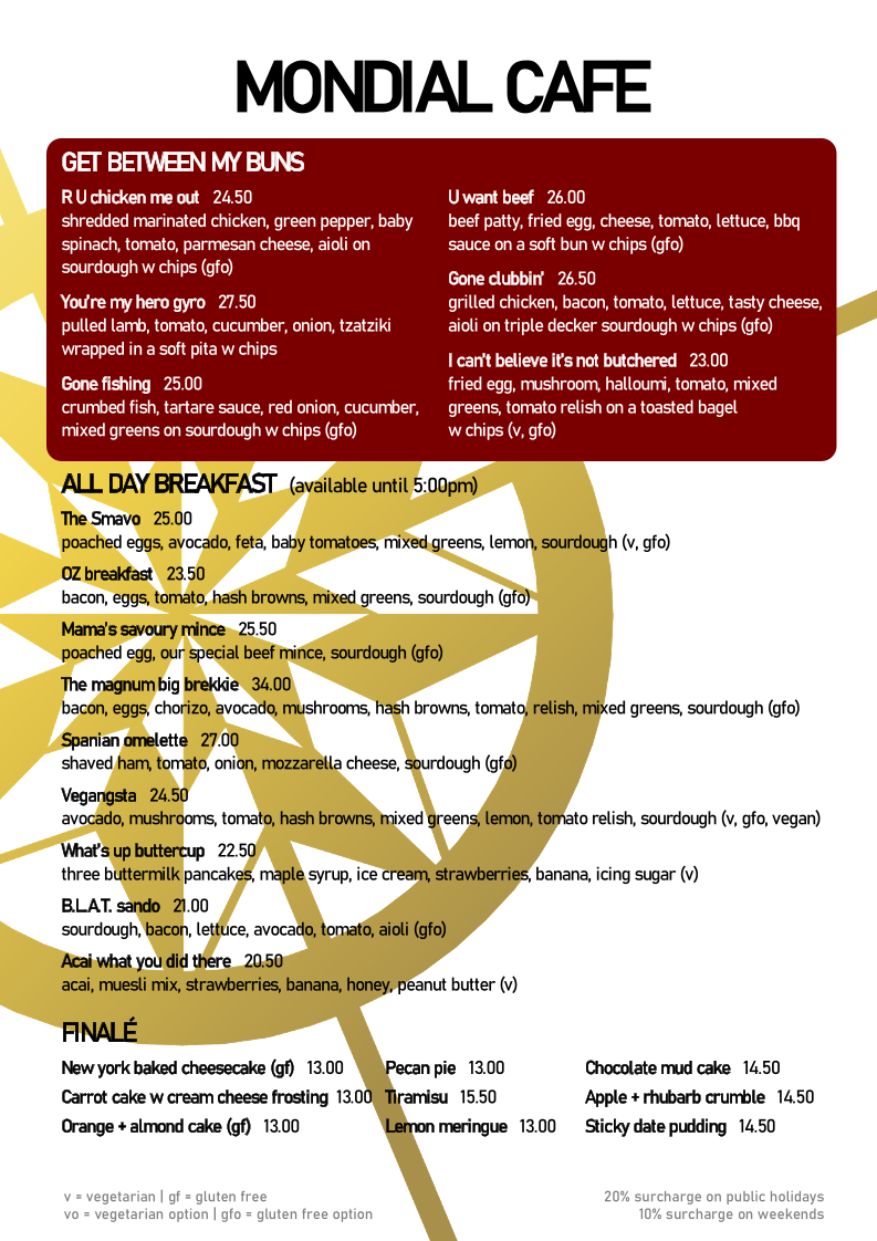 Menu, Cafe Mondial