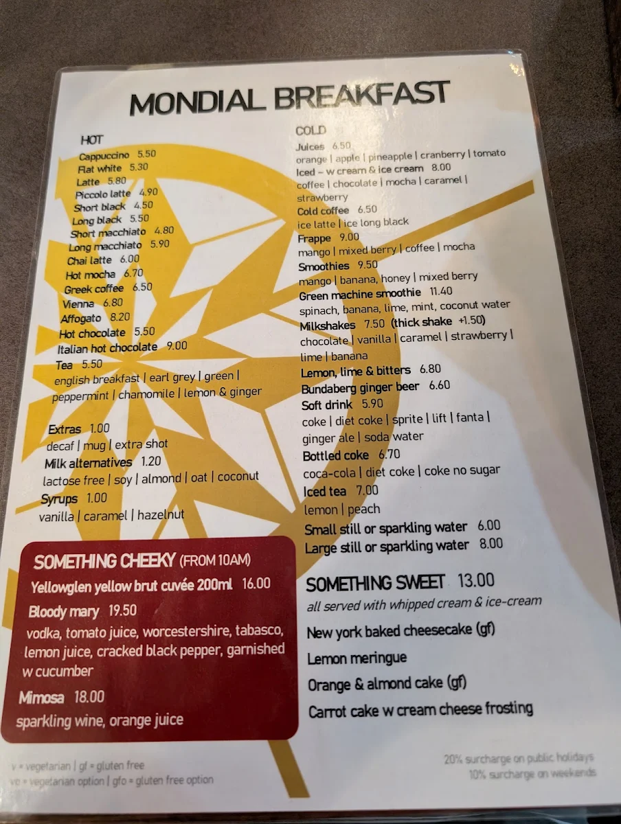 Menu, Cafe Mondial