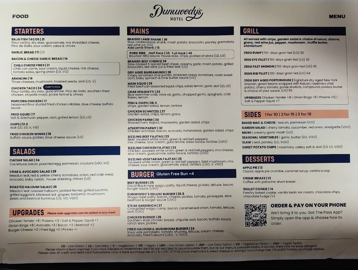 Menu, Dunwoody's Hotel