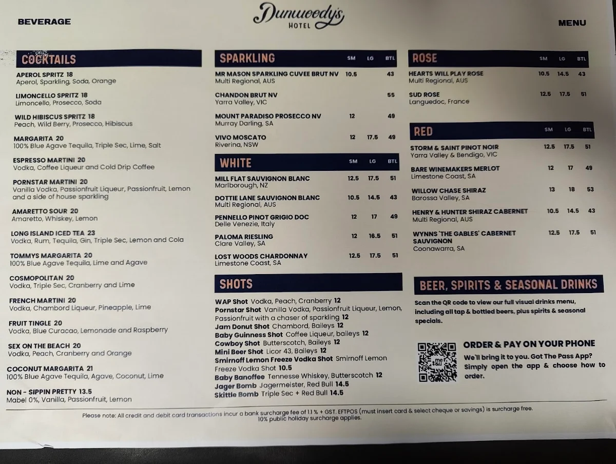 Menu, Dunwoody's Hotel