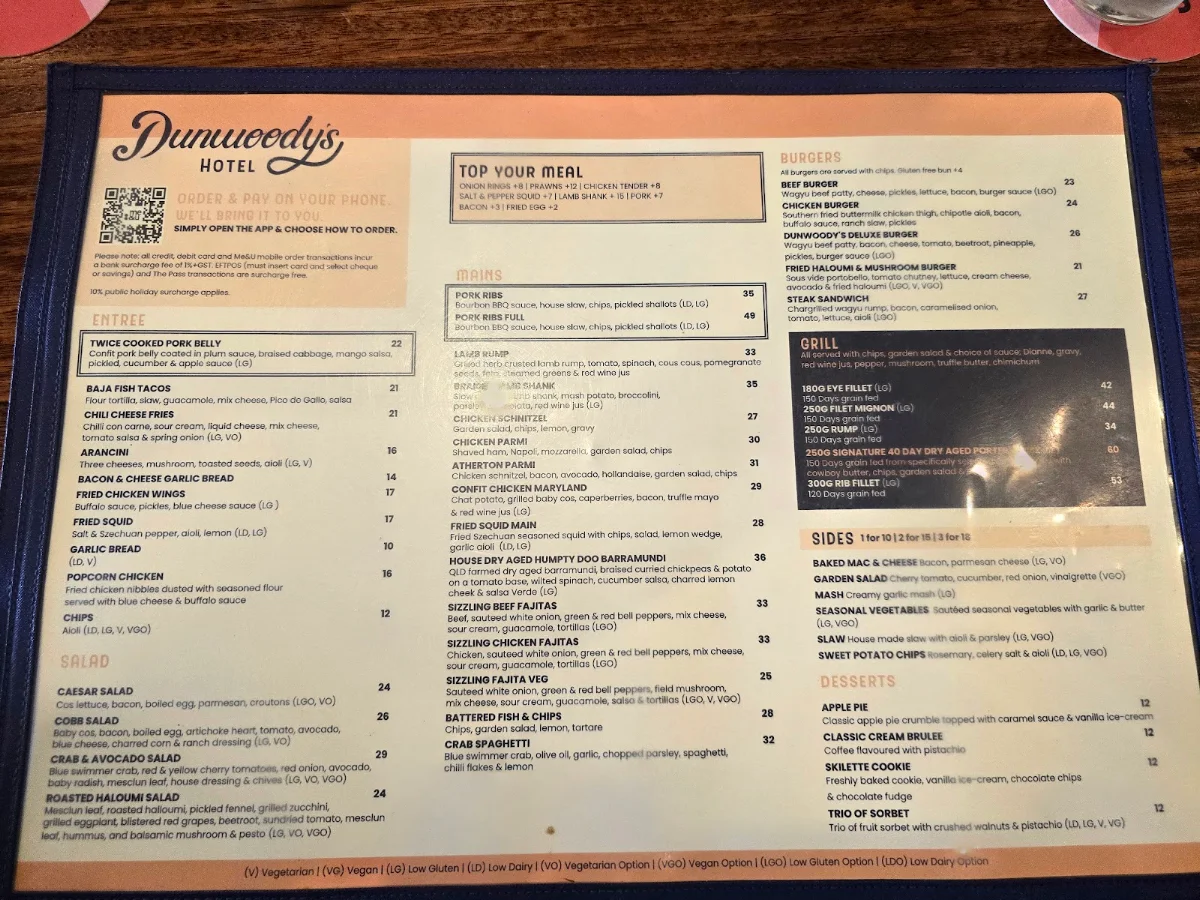Menu, Dunwoody's Hotel