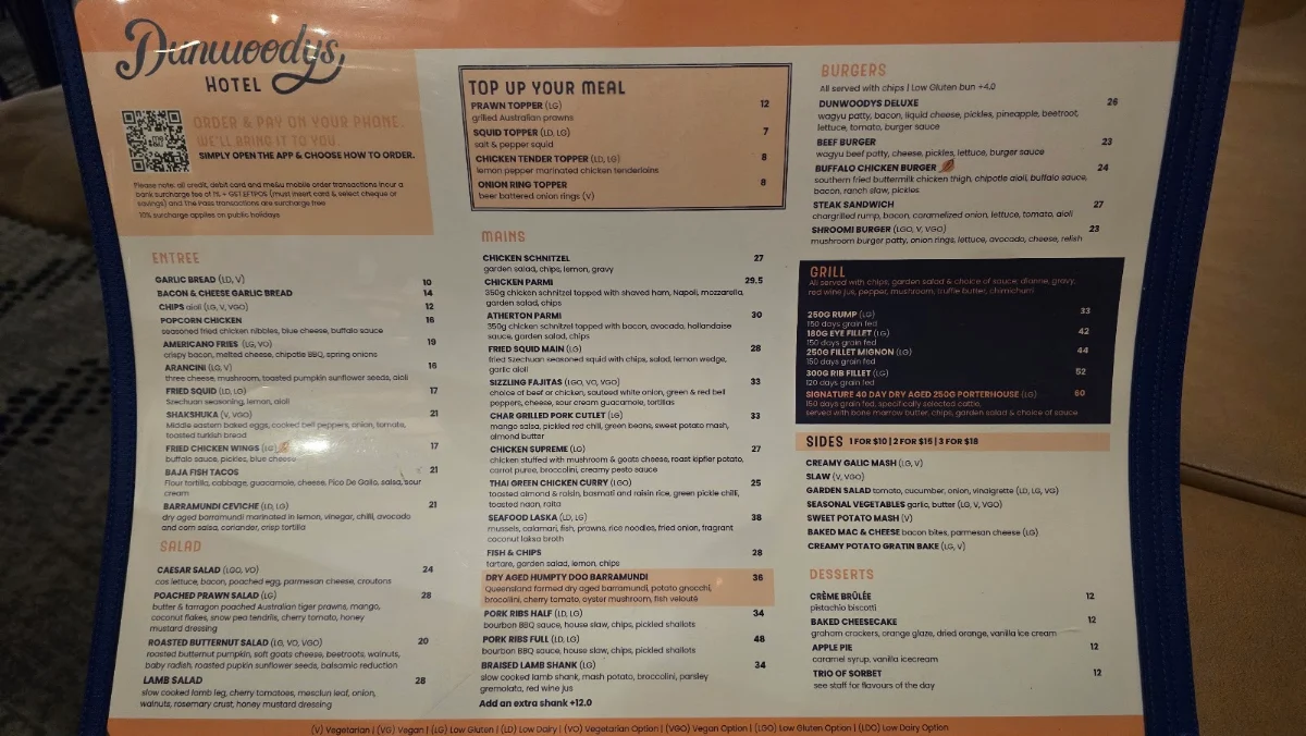 Menu, Dunwoody's Hotel
