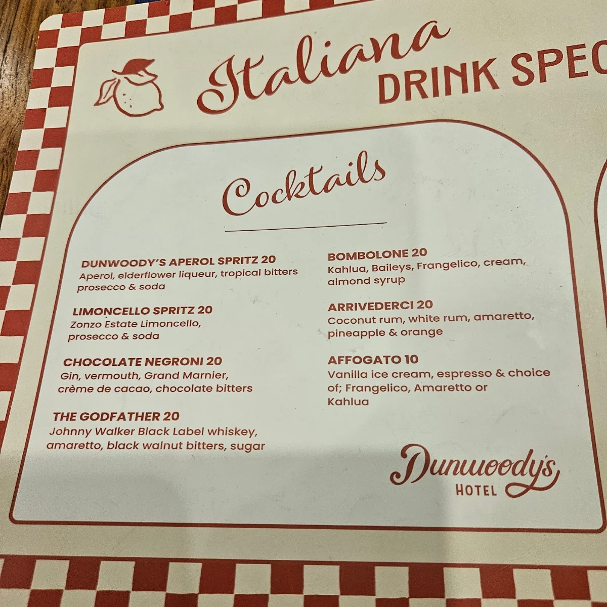 Menu, Dunwoody's Hotel