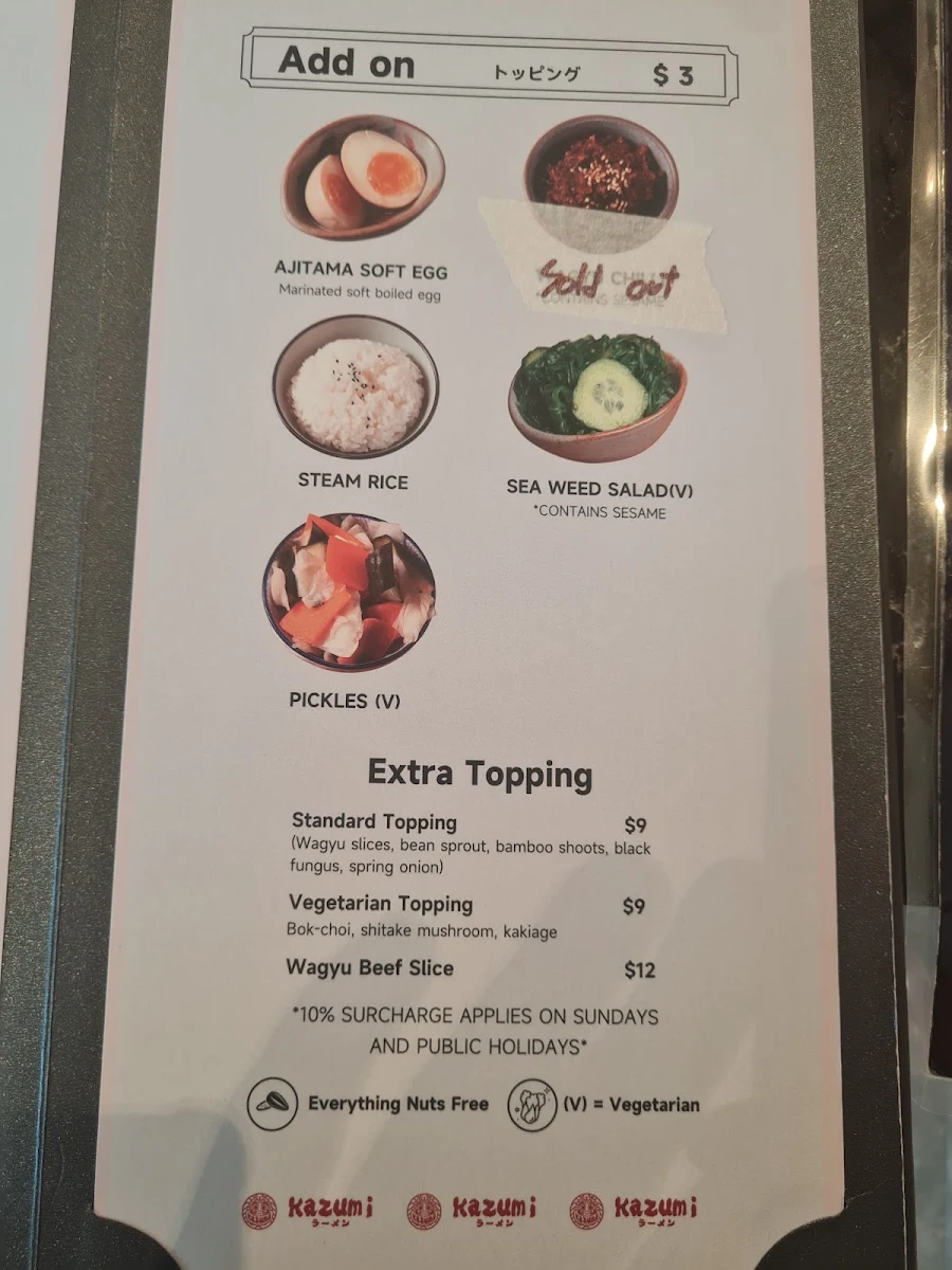 Menu, Kazumi ramen - Burnside village