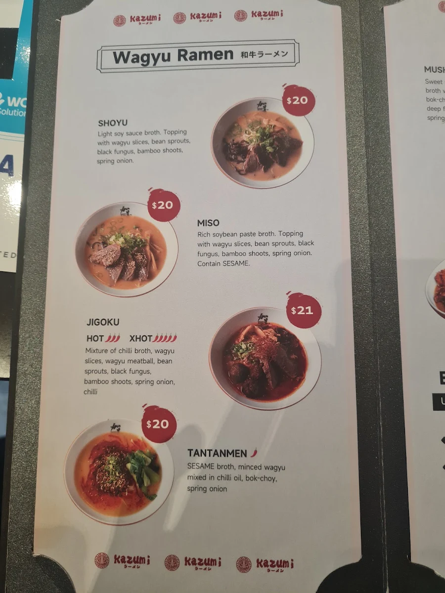 Menu, Kazumi ramen - Burnside village