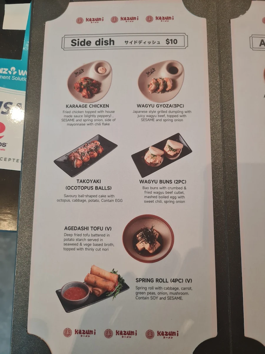 Menu, Kazumi ramen - Burnside village