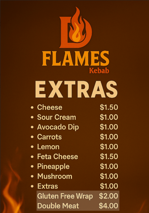 Menu, D Flames Kebab