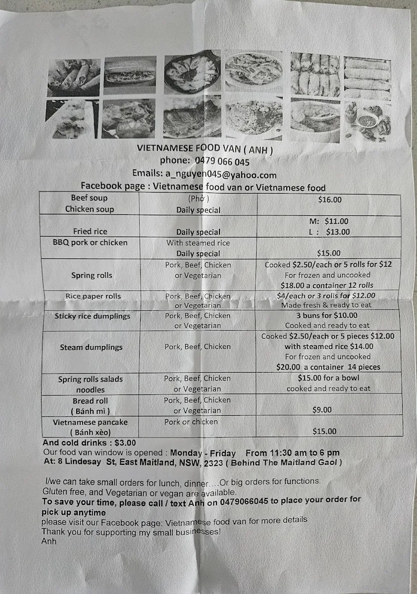 Menu, Vietnamese food