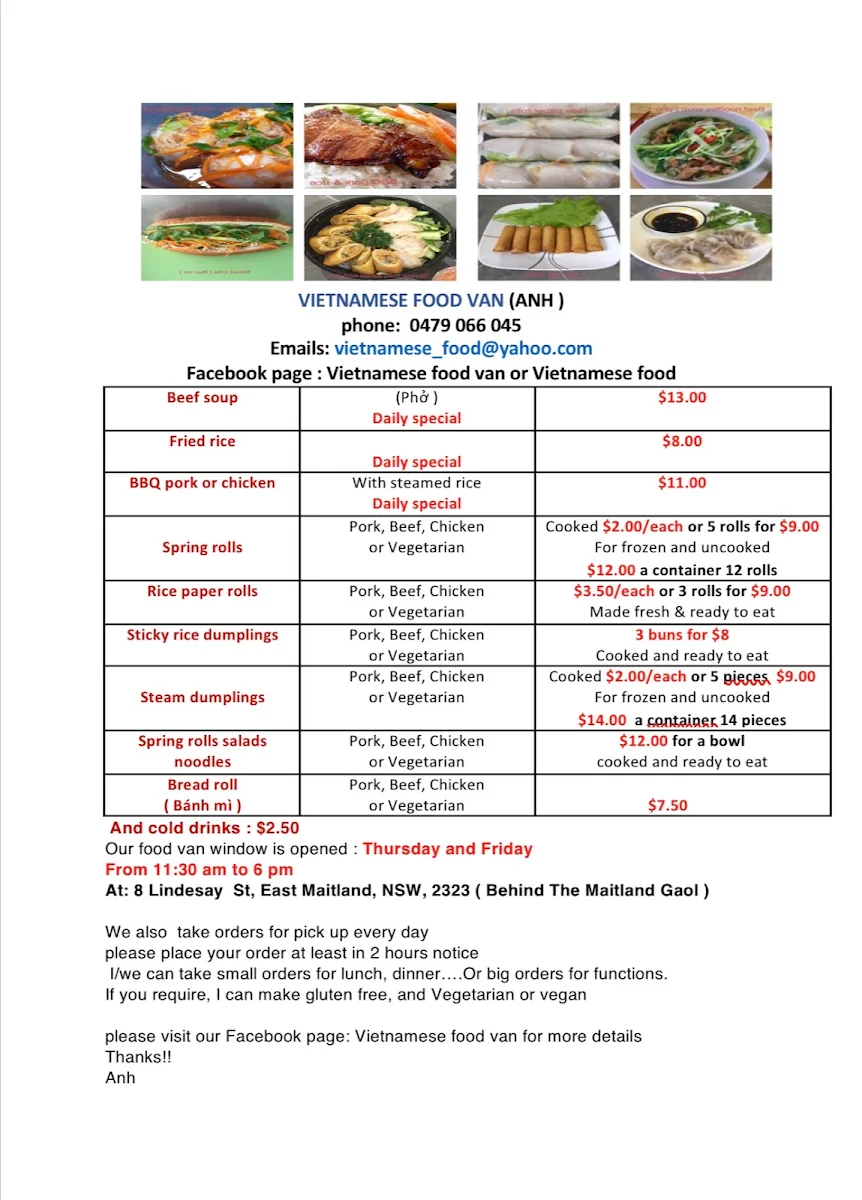 Menu, Vietnamese food
