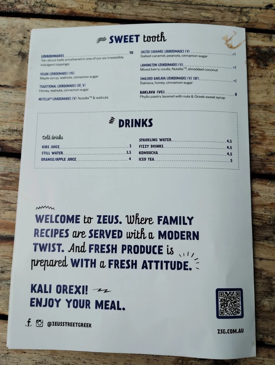 Menu, Zeus Street Greek Shellharbour