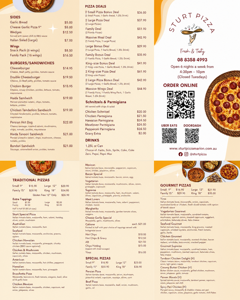 Menu, Sturt Pizza