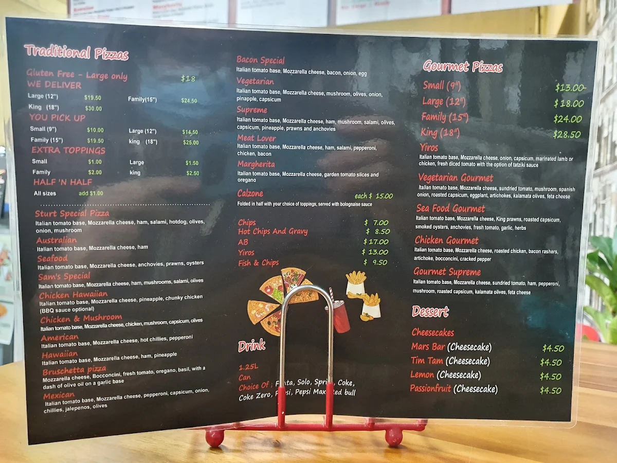 Menu, Sturt Pizza