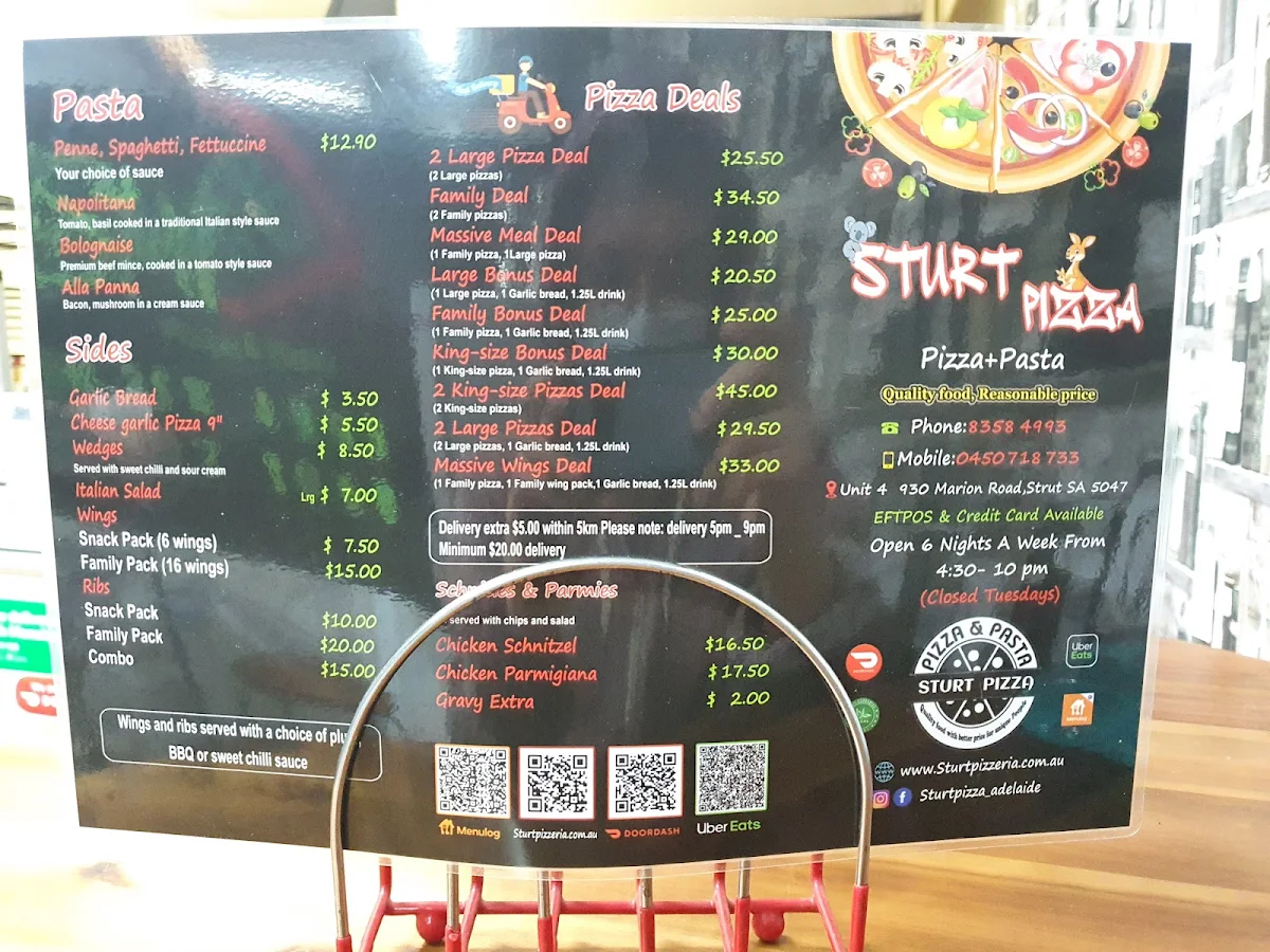 Menu, Sturt Pizza