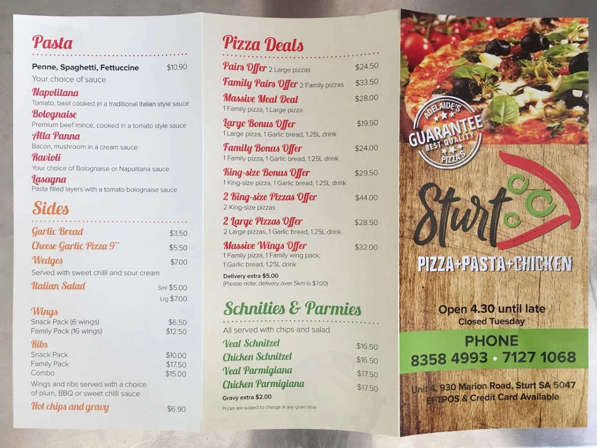 Menu, Sturt Pizza