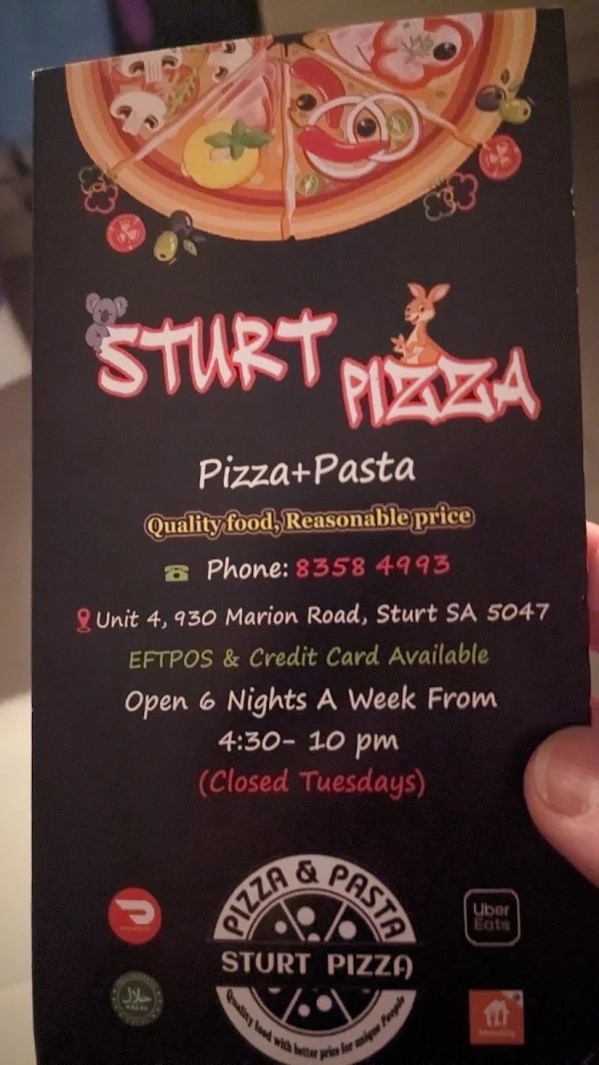 Menu, Sturt Pizza