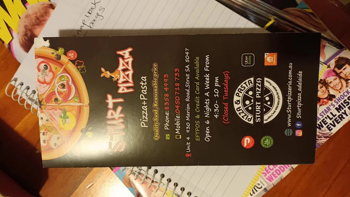Menu, Sturt Pizza