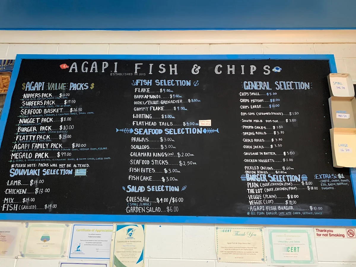 Menu, Agapi Fish & Chips