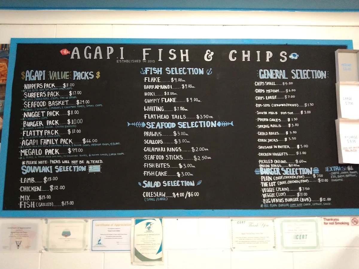Menu, Agapi Fish & Chips