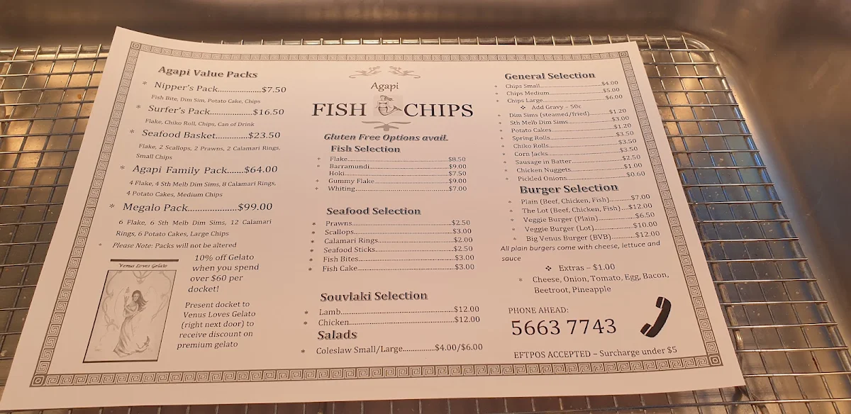 Menu, Agapi Fish & Chips